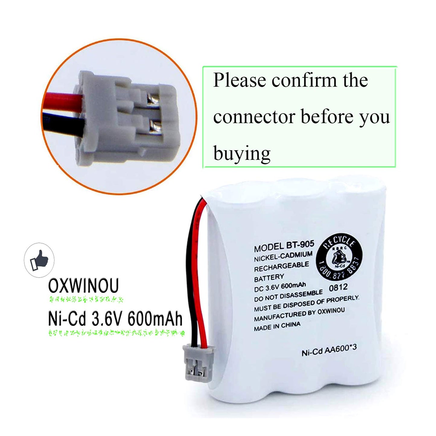 OXWINOU BT-905 BT905 Rechargeable Cordless Handset Phone Battery Compatible with for BBTY0663001 BBTY-0444001 BP-800 BP-905 BT-1006 3.6v 600mAh Ni-CD (2-Pack BT905)