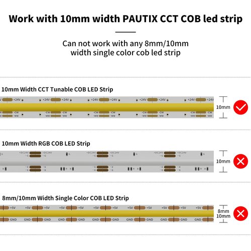 PAUTIX 10mm Connectors for CCT COB LED Strip Light 3 Pin Solderless Terminal Extension Connection Kit,4pcs Dual End Extension Connectors,2pcs Strip to DC Plug Extension Wire,4pcs Gapless Connectors