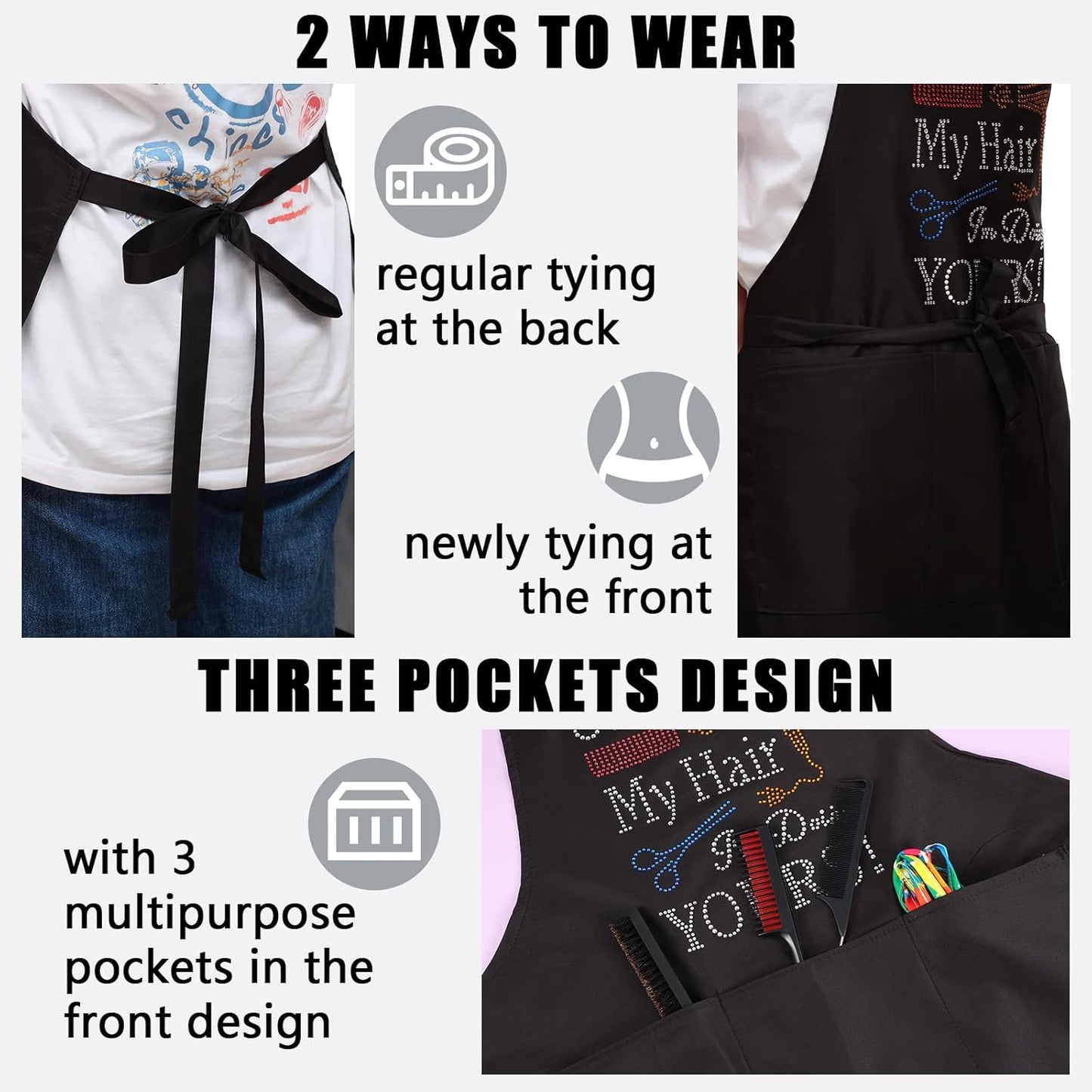 Coume 2 Pcs Hair Stylist Apron Hairstylist Salon Apron with Rhinestone Tools 3 Pockets Waterproof Hairdresser Barber