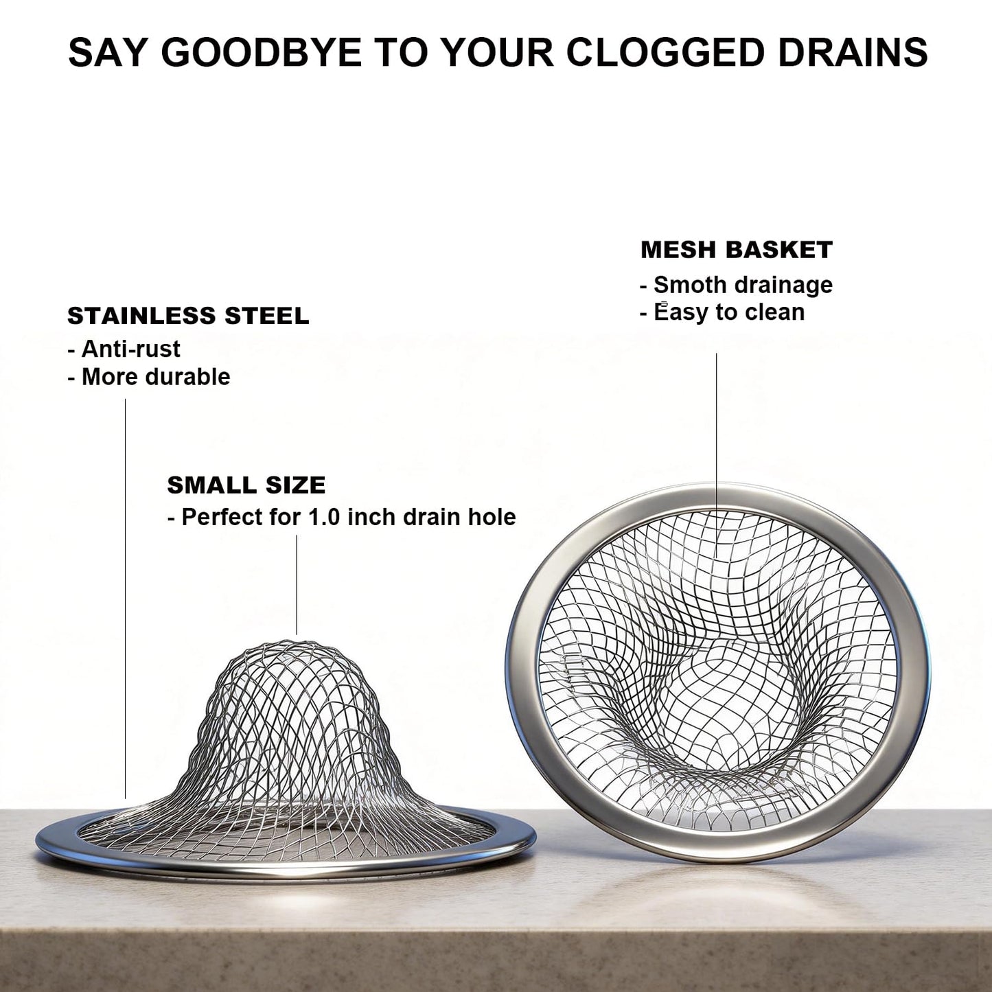 Huntonry 2.215" Top Diameter, 1.0" Basket Small Bathroom Sink Strainer, Little Drain Mesh, Utility, Slop, Laundry, RV and Lavatory Sink Drain Strainer Hair Catcher. Stainless Steel.
