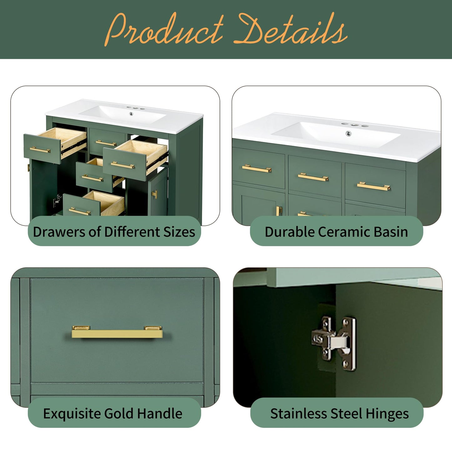 LUMISOL 36 Inch Bathroom Vanity with Sink, Modern Green Bathroom Vanity with 4 Drawers & 2 Soft-Close Doors, Solid Wood Bathroom Sink Cabinet with Ceramic Sink, Green