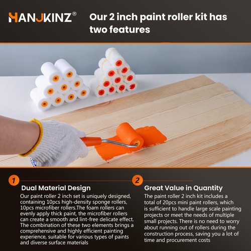 HANJKINZ 2 inch Paint Roller Kit, 20 Pack Small Paint Roller Set with High Density Foam Paint Roller and 3/8" Nap Microfiber Covers, Touch Up Mini Paint Rollers for Wall, Door, Cabinet, Craft