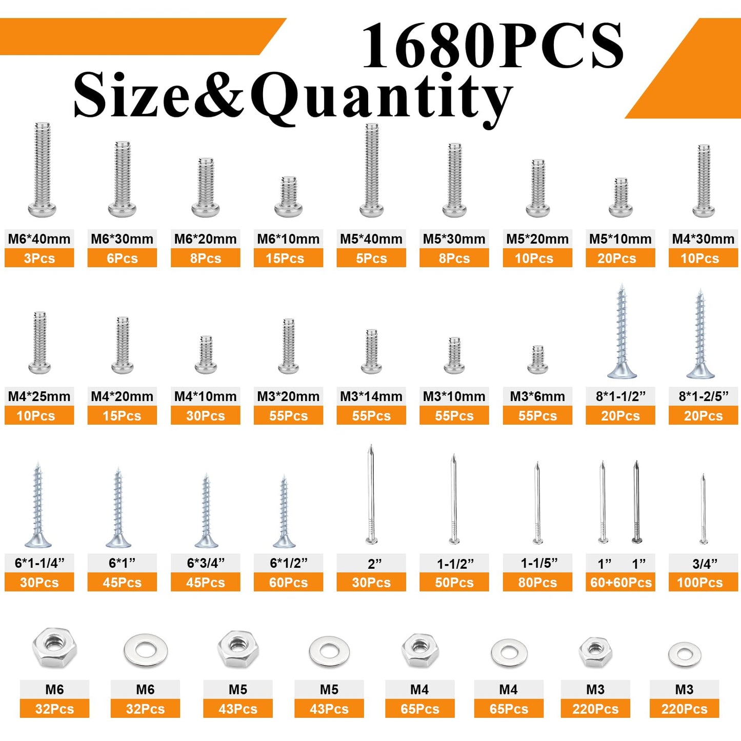 maierke 1680 PCS High Hardness Screw Bolts and Nuts & Nails & Wood Screws Assortment Kit,M3/M4/M5/M6 Machine Screws,Small Nails,#6#8 Drywall Screw Set for Picture Hanging and DIY (Length 1/2 to 2")