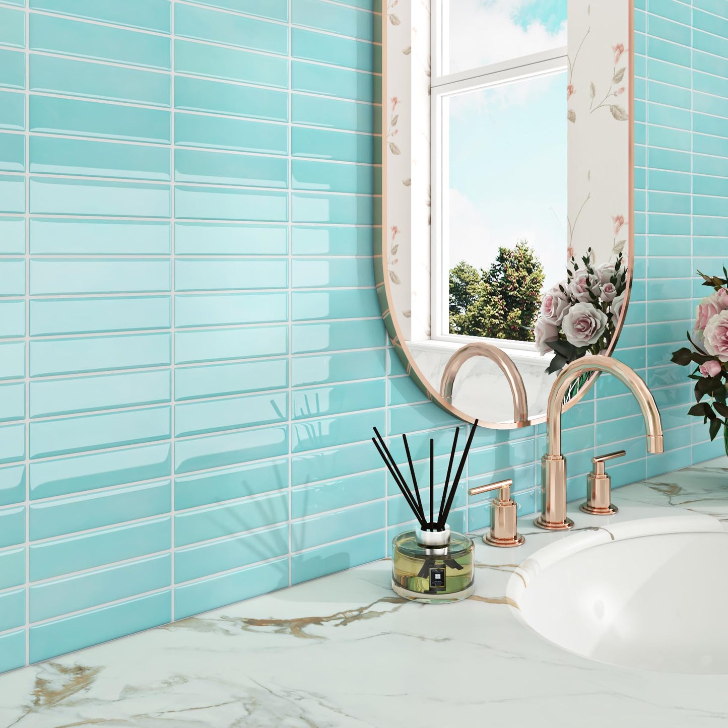 ReWallpaper 17-Sheet Removable Tile Backsplash Peel and Stick Tile for Bathroom Waterproof Self Adhesive Wall Tiles 12x12 inch Blue Green Stick on Backsplash Tiles for Kitchen Islands Renter Friendly