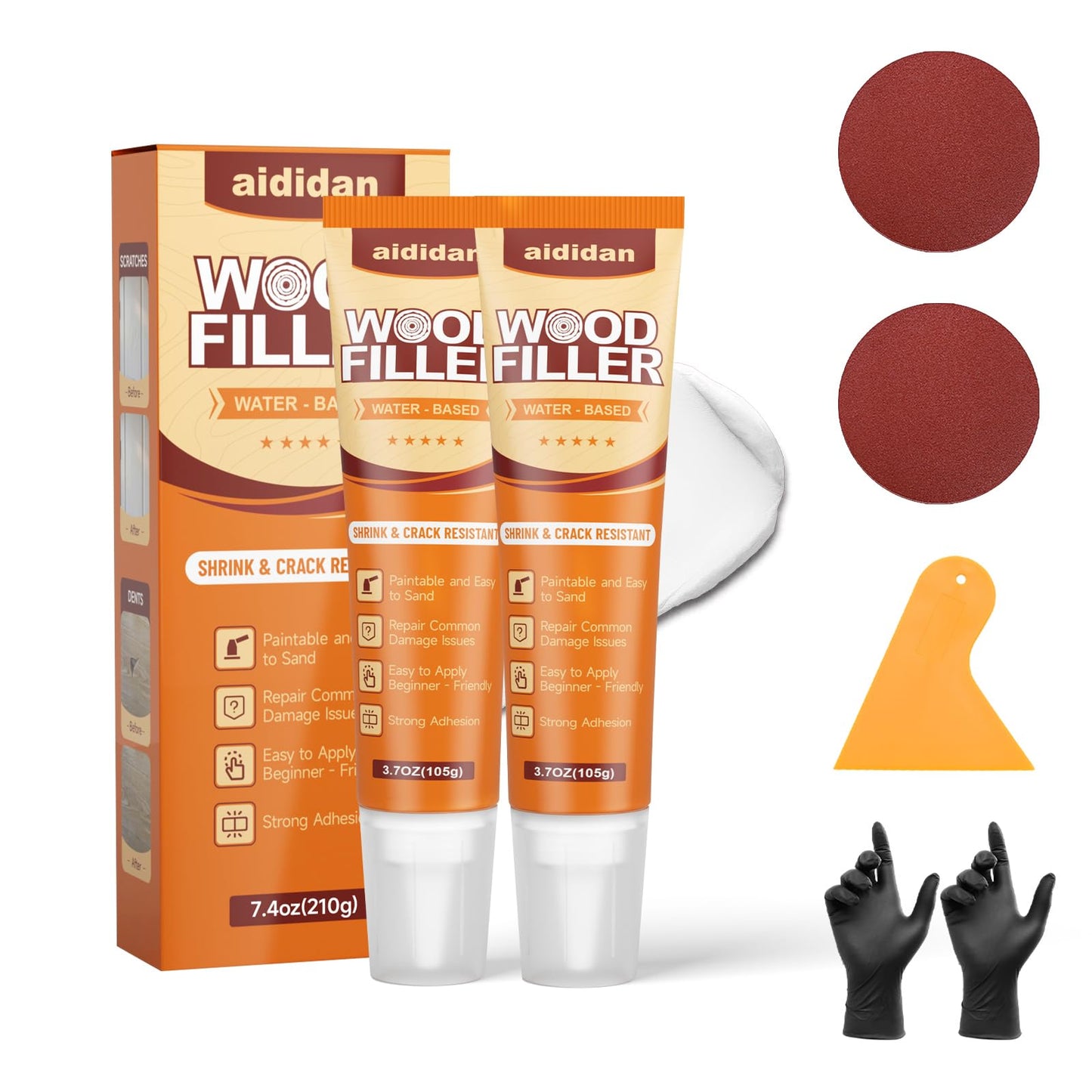 Wood Filler, 2 Pack Water-Based Wood Putty, Paintable & Stainable Wood Repair Kit, Shrink & Crack Resistant, Wood Furniture Repair Putty, Quick Repair for Cracks, Holes and Damage (7.4 oz)