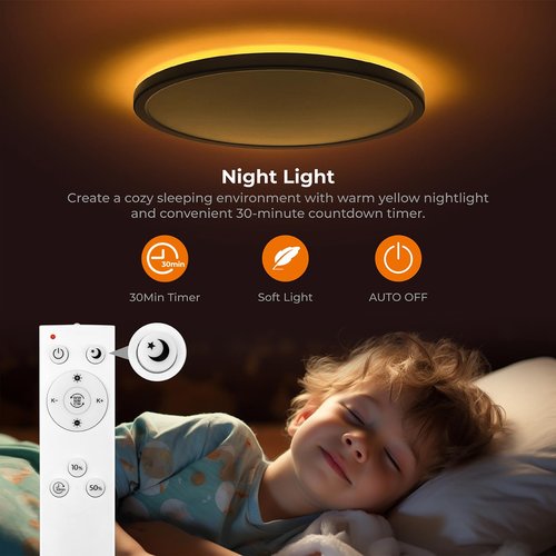 Matane Flush Mount Ceiling Light Fixture with Remote Control, Nightlight 8.7 Inch 18W 3000K-6500K Adjustable, Led Low Profile Ceiling Lights for Bedroom, Living Room,Dining Room, Kitchen, Round Black