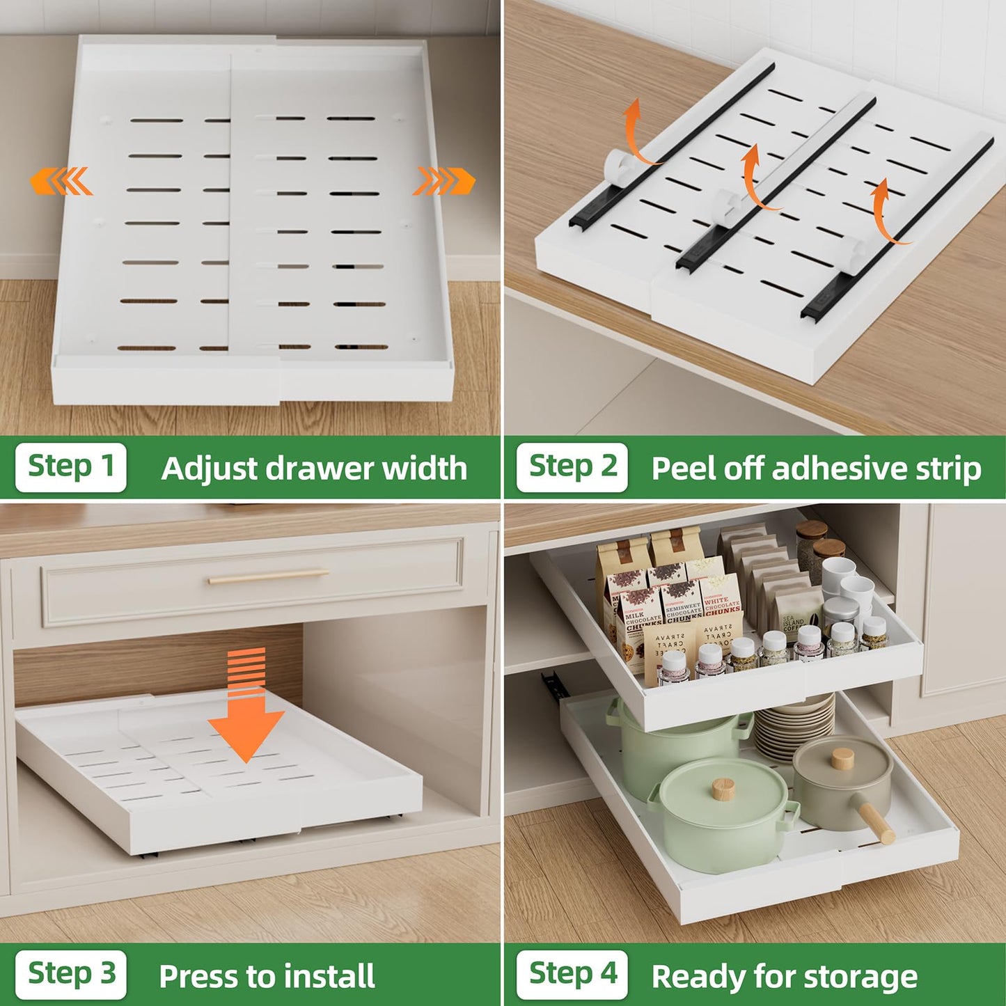 PAKETA 4 Pack Expandable Pull Out Cabinet Organizer, 21'' Deep Pull Out Drawers for Cabinet, Upgrade 3 Slide Rails Sliding Drawers for Cabinets with Adhesive Nano Film (White, 21"D X 9-14"W)