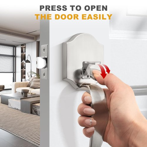 Probrico Satin Nickel Heavy Duty Front Entry Handleset, Passage Lock Grip Handle with Wave Lever Keyless Door Locks, Interior and Exterior Entrance Door Handle with Reversible Handed Lever,1Pack