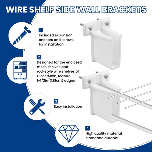ZIUZI 4 Pcs Wire Shelf End Bracket, White Plastic Wall Mount Closet Shelves Brackets for Shelves Closet, Comes with Fasteners