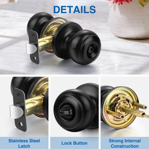 Sopoby Privacy Door Knob, 10 Pack Matte Black Round Keyless Doorknobs Interior/Exterior Lockset, Privacy Locking Door Knobs for Bedroom/Bathroom, Black Modern Design Door Hardware
