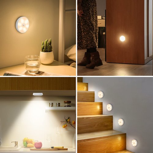 Warm Color LED Closet Lights Wireless Motion Sensor Step Light, USB Rechargeable Battery Operated Puck Lights with Remote, Dimmable Under Cabinet Counter Lighting for Wardrobe Kitchen (6 Pack)