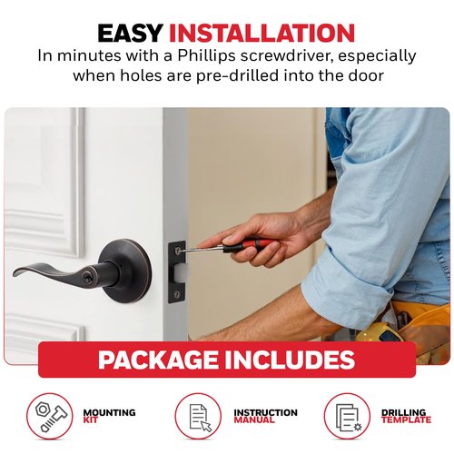 Honeywell Safes & Door Locks - Interior & Exterior Wave Lever Door Handle with Keys - Door Lever for Bedroom - Anti-Bump Resistant - Reversible for Right & Left Sided Doors, Oil Rubbed Bronze, 8106401