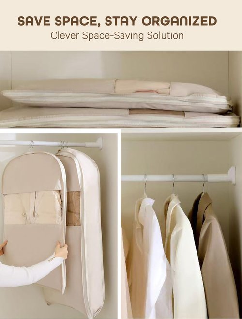 Space Saving Hanging Garment Bag with Self Compression Zipper with Large Clear Window Oat Beige Closet Organizer Otherwise Space-saving Compression Garment Bag(M+L+XL-3pcs)