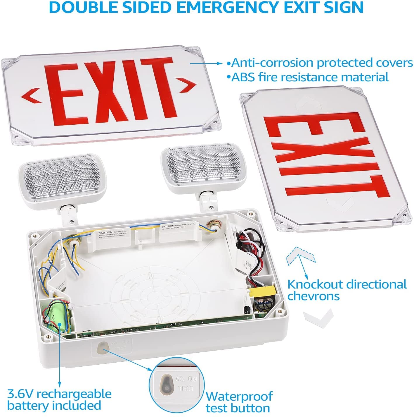 LEONLITE LED Exit Light, Wet Location Exit Sign with Emergency Lights, UL Listed, Outdoor Hardwired Exit with Battery Backup, 2 Dual Heads, Double Face, AC 120/277V, Red