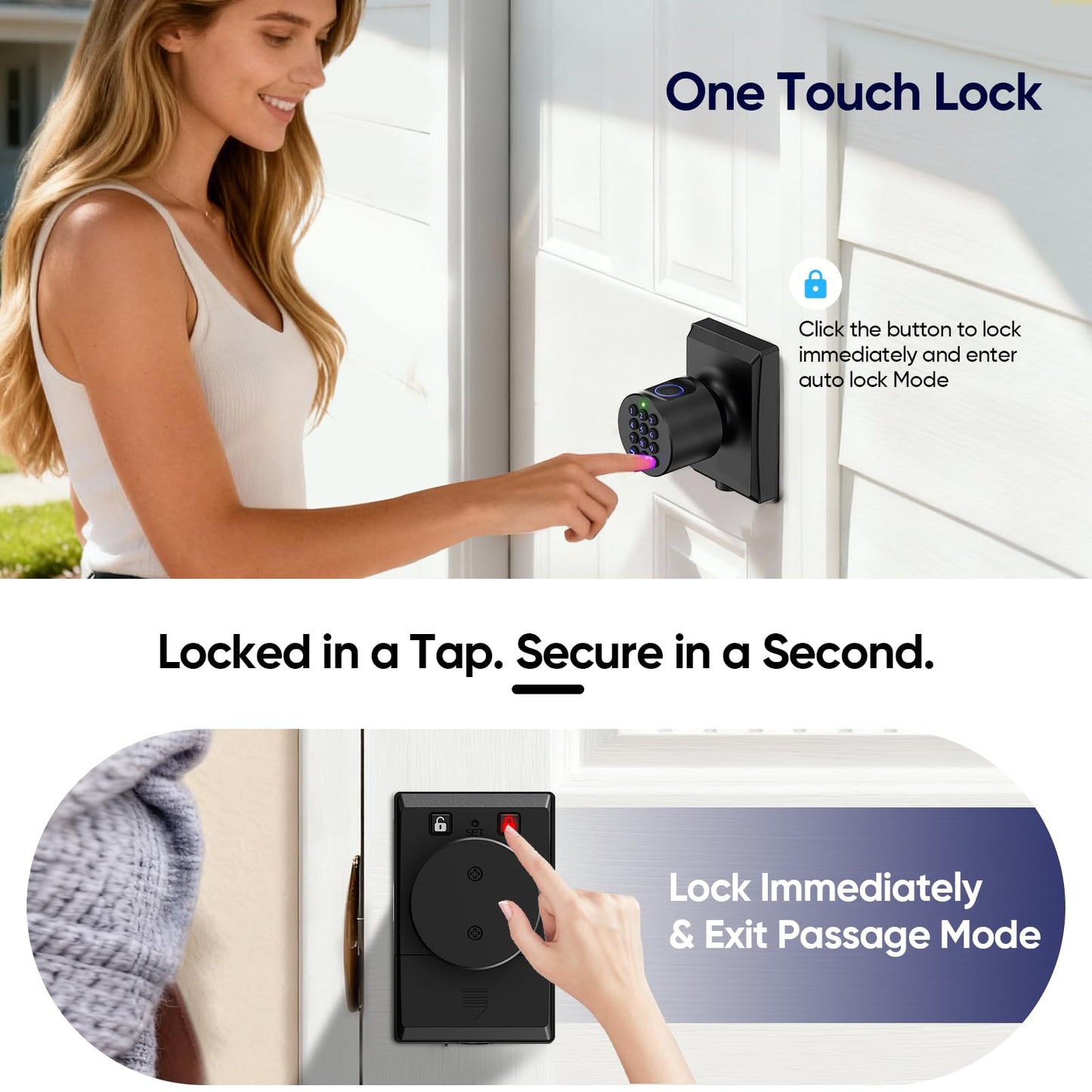HIDALIFE Keyless Entry Door Lock with Knob, Fingerprint Keypad Digtal Lock, Biometric Door Lock for Front Door, Easy Passage Mode, Matte Black