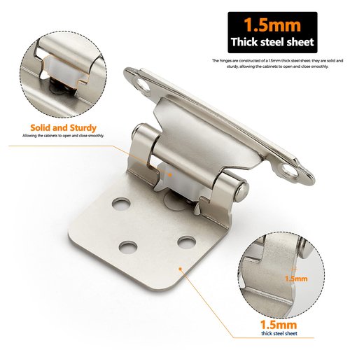 Ravinte 50 Pack 25 Pairs 1/2 Inch Overlay Cabinet Door Hinges Kitchen Satin Nickel Semi-Concealed Face Mount Self-Closing Cabinet Hinges with Bumpers & Screwdriver