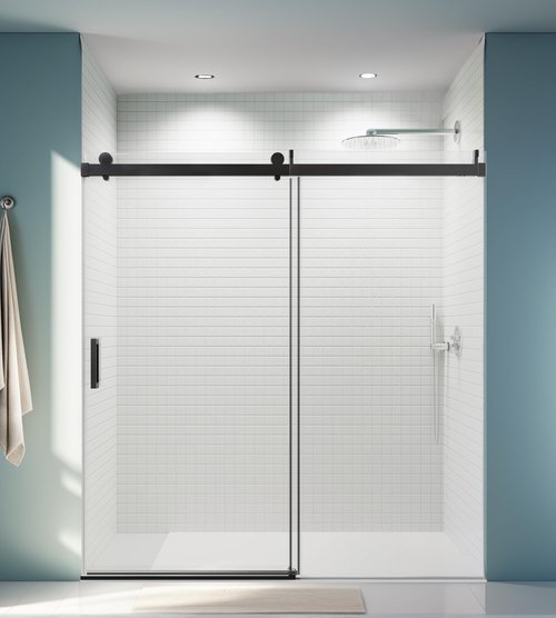 CARVMPIN 68-72" W x 76" H Single Sliding Shower Door with Soft-Close - Reversible 3/8" Tempered Glass & Frameless Design - Waterproof Threshold/Matte Black