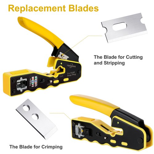 RJ45 Crimp Tool Kit Pass Through Crimper Stripper Cutter All-in-One Ethernet Crimper Tool for Cat5e Cat6 Cat6a 8P8C Pass Through Modular Plugs With 2 Replacement Blades