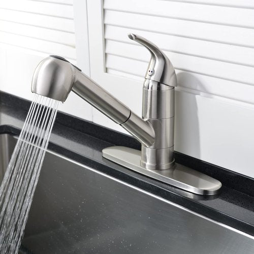 Ufaucet Stainless Steel Kitchen Faucet Brushed Nickel,Small Single Handle Pull Out Kitchen Sink Faucet with Sprayer,Single Hole Low Kitchen Faucets Grifo De Cocina