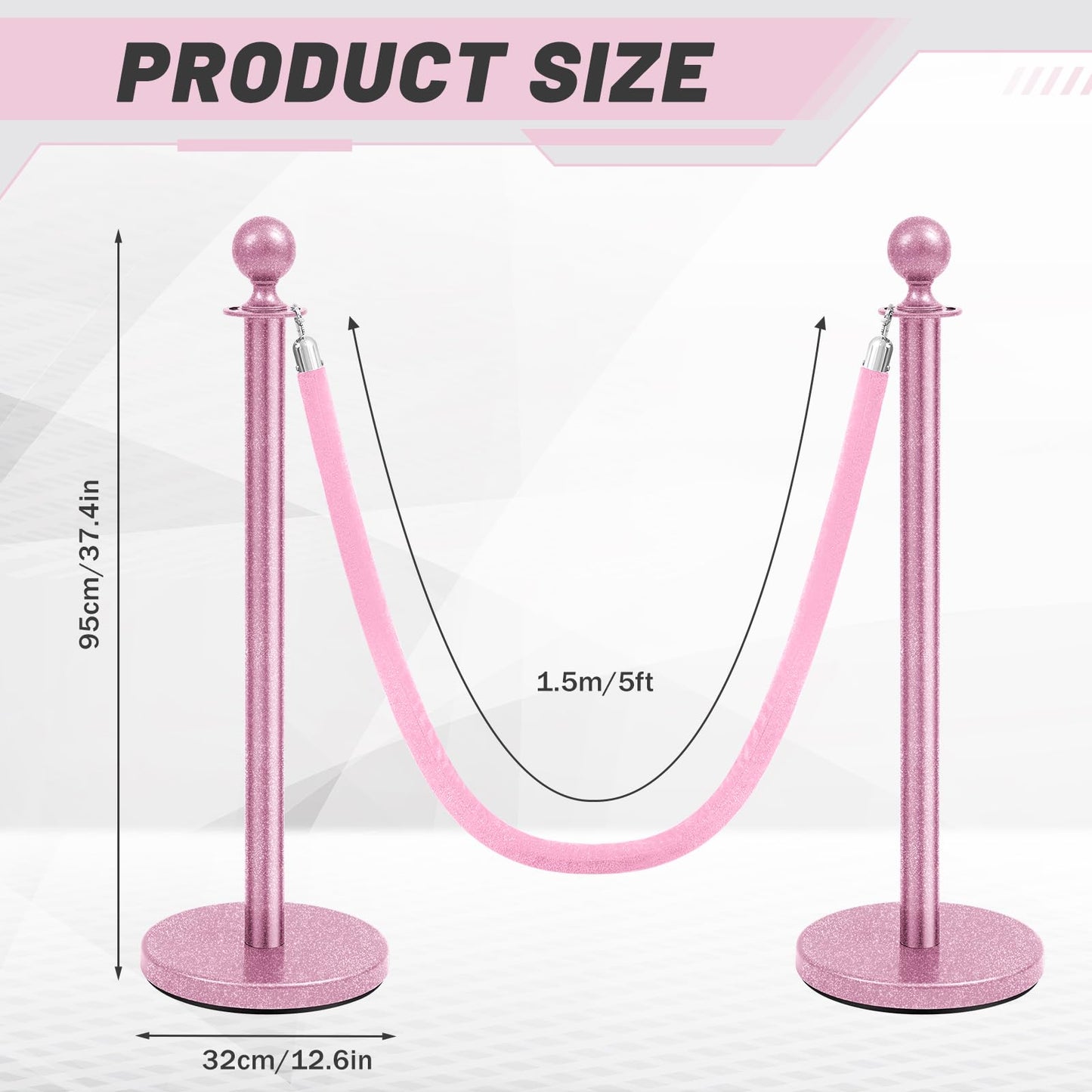 Ferraycle 4 Pcs Stainless Steel Stanchions Post Queue 38 Inch, 5 ft Velvet Carpet Ropes and Pole, Control Barriers for Wedding Birthday Party Decoration Sand Injection Hollow Base Set (Glitter Pink)