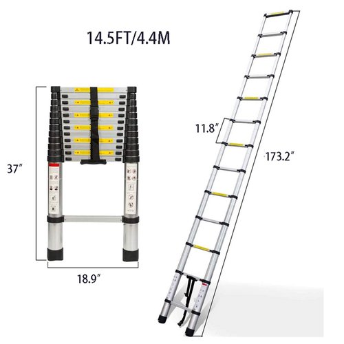 Aluminum Telescopic Extension Ladder Collapsible Ladder, One-Button Retraction Extension Ladder,Multi-Use, 330 lbs Capacity,14.5FT / 4.4M