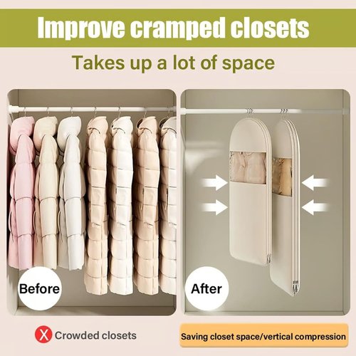 Space Saving Hanging Garment Bag with Self Compression Zipper with Large Clear Window Oat Beige Closet Organizer Otherwise Space-saving Compression Garment Bag(M+L+XL-3pcs)