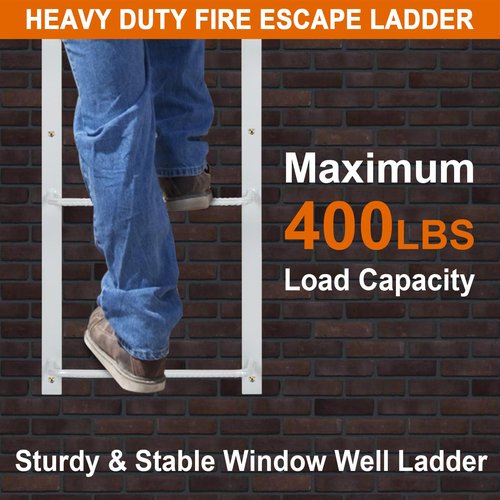 KodMtiz 3-Rung Fire Escape Ladder, 34.25" x 17.91"(LxW) Basement Egress, Heavy Duty Metal Ladder for Fire Emergency Home Safety, (3-Rung, Gray)