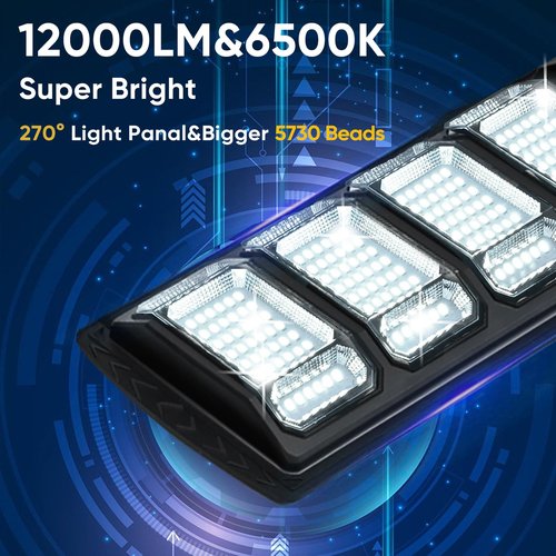 2 Pack Solar Street Lights Outdoor Waterproof 6500K 12000LM 5730SMD LEDs Solar Flood Lights Dusk to Dawn Parking Lot Light Wide Motion Sensor and Remote Control for Area Lighting Yard
