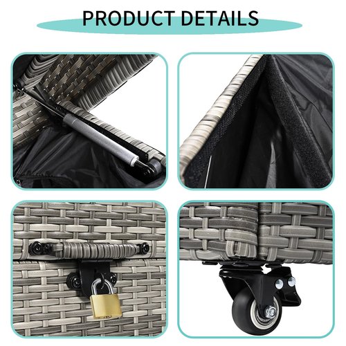 200 Gallon Large Lockable Wicker Deck Box with Wheels, Waterproof Outdoor Storage Box, Rattan Storage Bin for Patio Furniture, Outdoor Cushions, Pool Storage and Garden Tools (Grey)