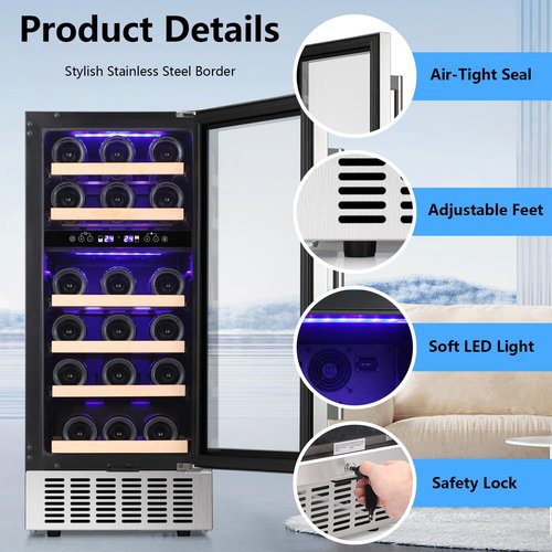 Antarctic Star Mini Fridge 15 Inch Wine Cooler Under Counter Beverage Refrigerator,28 Bottles Built-in Dual Zone Freestanding Wine Fridge with Stainless Steel Double-Layer Tempered Glass Door