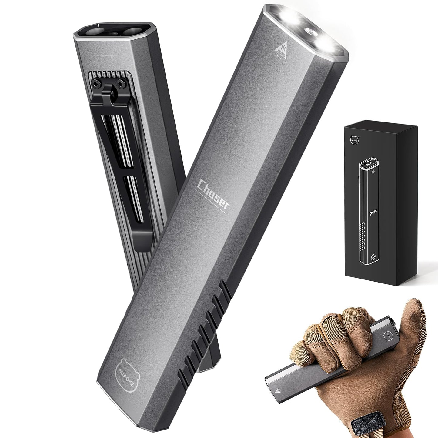 MIAOKE Rechargeable Ultra Thin EDC Flashlight 3000 Lumens UV and White LED Combo Dual Light Sources Compact Pocket Clip Light for Home, Outdoor, Emergency, Night Working, Cycling-Chaser/Gray