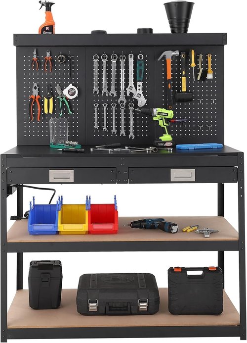 Workbench with Drawers,48'' Work Table for Garage & Workshop - 1000lbs Capacity, 2 Drawers & Pegboard, 0.48" Hardwood Top, 4 AC Outlets, Metal Tool Bench