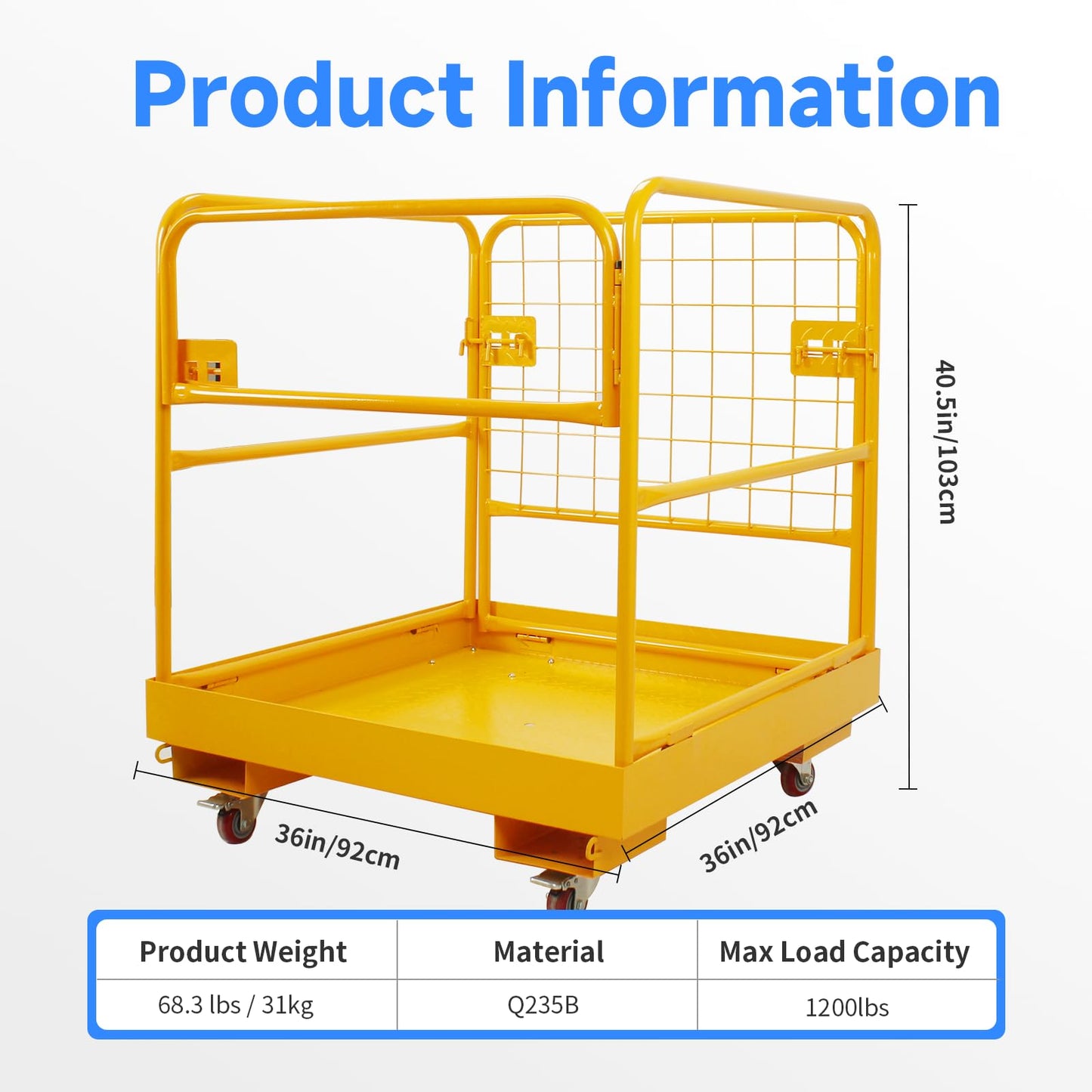 Forklift Safety Cage 36x36 Inch, 1200LBS Capacity Work Platform with 4 Wheels & Collapsible Design - Heavy-Duty Aerial Man Basket for Forklift/Pallet Loader