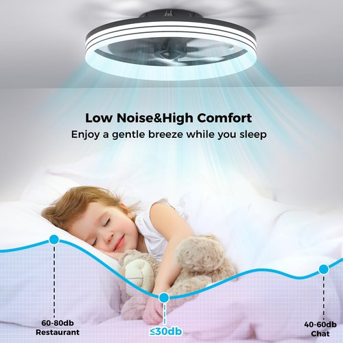 Aphyni Ceiling Fans with Lights and Remote, Low Profile Ceiling Fan, Modern Flush Mount LED Fan Light, 6 Wind Speeds Fandelier Ceiling Fan with Light for Bedroom, 3000-6500K Dimmable (18.6" Black)