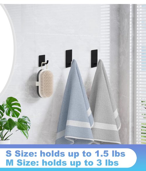 14 Pcs Towel Hooks with Removable Strips for Hanging, Adhesive Wall Hooks Heavy Duty, Outdoor No Damage, Sticky Hook for Bathrooms, Shower, Stockings, Decor, Robe, Small, Black 304 Stainless Steel