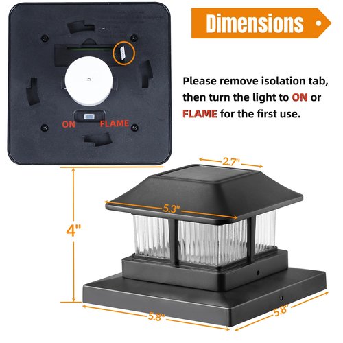 Dynaming Solar Flame Post Cap Lights Outdoor, Solar Powered Fence Post Light, Flickering Flame LED Lantern Lamps Waterproof for Garden Deck Patio, Fit 4x4, 5x5 or 6x6 Vinyl/Wooden Posts, 6 Pack