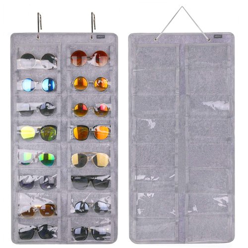 AROUY Sunglasses Organizer Storage, Hanging Dust Proof Wall Pocket Glasses Organizer - 16 Felt Slots Sunglass Organizer Holder with Metal Hook and Sturdy Rope (Gray, Dust Proof)