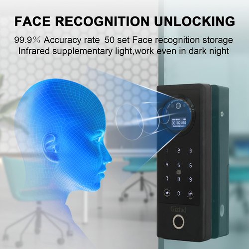 Smart Glass Door Lock for Frameless Glass Doors, 7in 1 Keyless Enter Gate Locks with Face Recognition,Fingerprint, WiFi Remote Control, IC Card, Palm Vein,No-Drill Installation for Office,Shop,Home