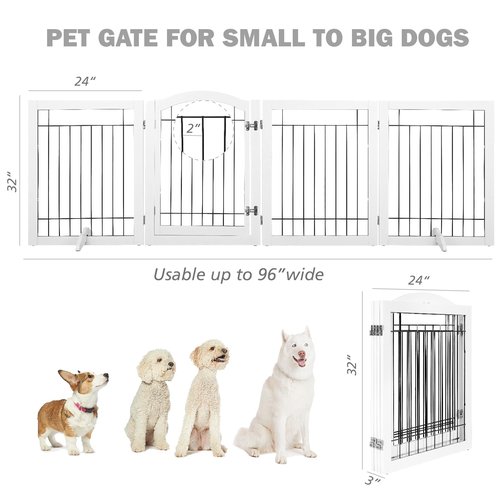 SPIRICH 96-inch Extra Wide 30-inches Tall Dog Gate with Door Walk Through, Freestanding Wire Pet Gate for The House, Doorway, Stairs, Pet Puppy Safety Fence, Support Feet Included (White)