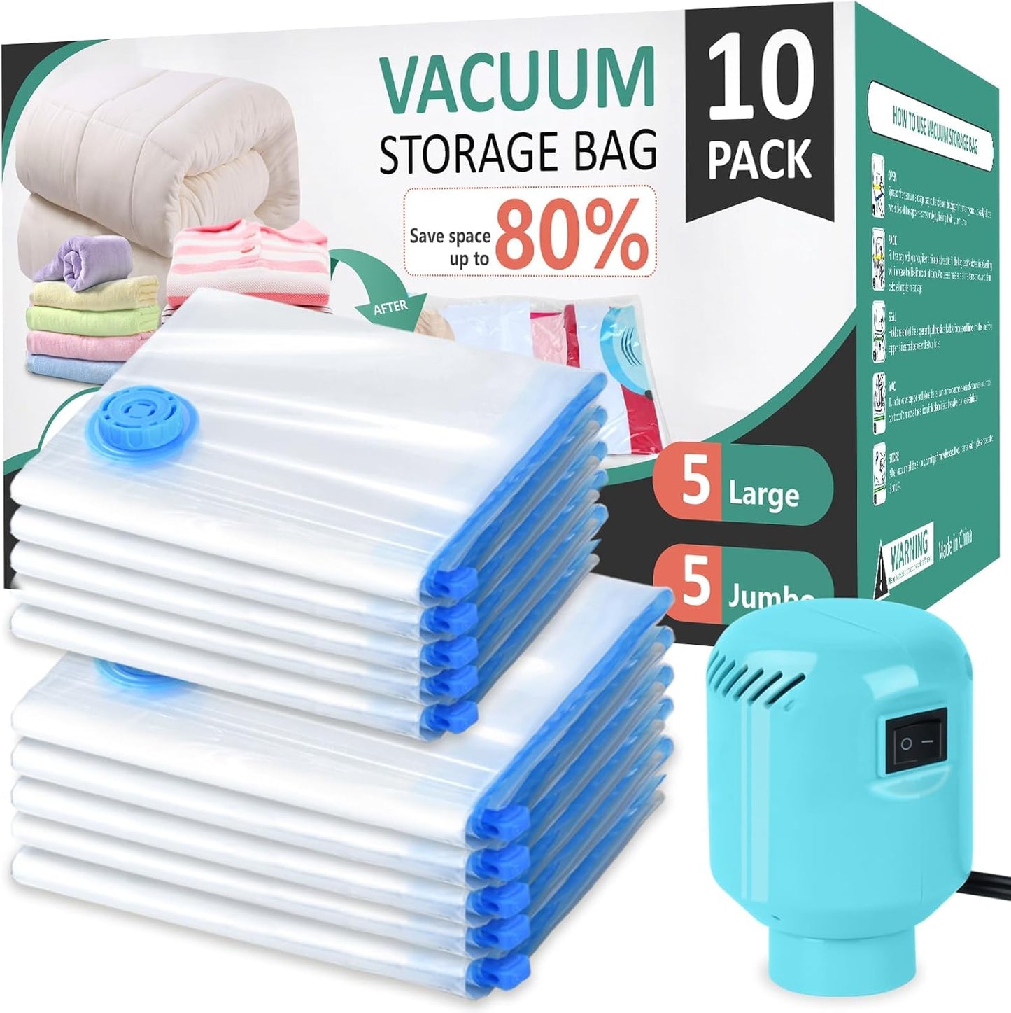 Vacuum Seal Bags for Clothing with Electric Pump, 15 Pack (3 Jumbo 3 Large 3 Medium 3 Small 3 Roll Up) Space Bags Vacuum Storage Bag for Travel, Luggage, Blankets, Bedding