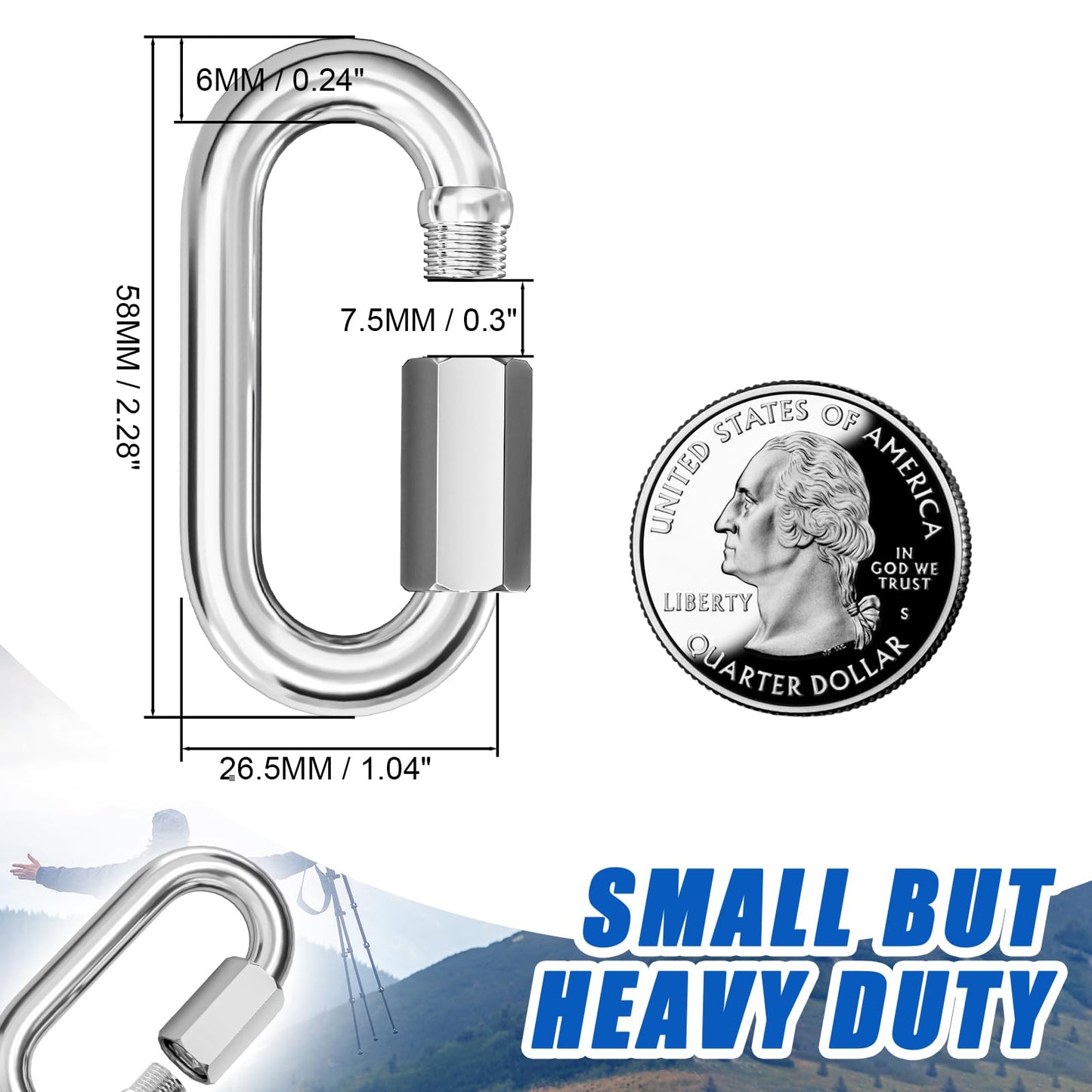 KINLINK Quick Link Chain Connector, 304 Stainless Steel 5PCS M6 1/4 Screw Carabiner, Small Locking Carabiner Clips Heavy Duty Chain Hooks for Connecting Hammock, Swing, Shade Sail-Capacity 875LB