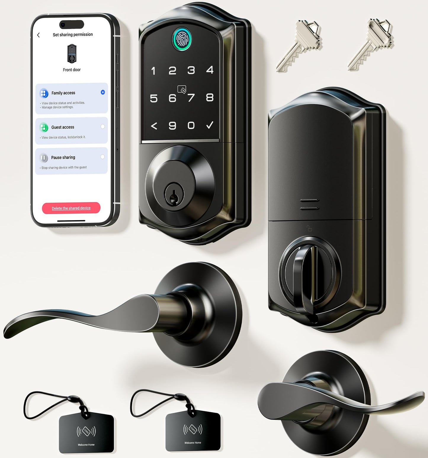 Veise VE017-L Fingerprint Smart Lock with 2 Lever Handles, Keyless Entry Front Door Lock Set, App Control, Electronic Digital Keypad Deadbolt, Easy Installation, Emergency Power Port, Matte Black