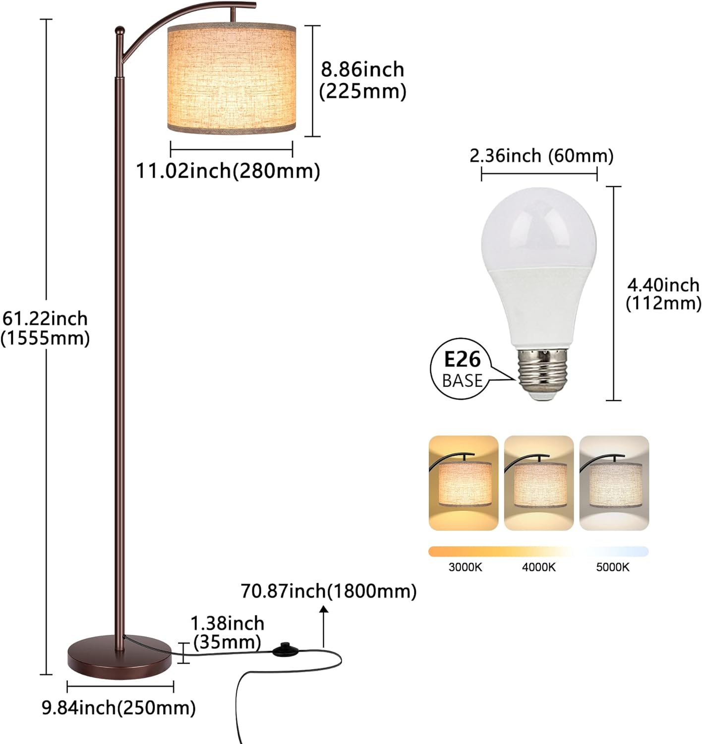 ROTTOGOON Floor Lamp for Living Room with 3 Color Temperatures LED Bulb, Standing Lamp Tall Industrial Floor Lamp Reading for Bedroom, Office (9W LED Bulb, Beige Lampshade Included) -Black