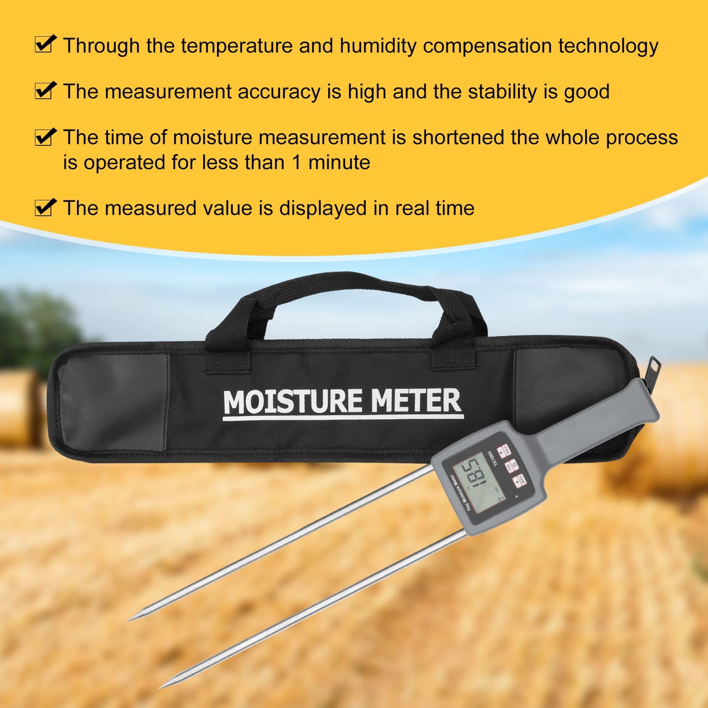 TK100H Portable Hay Moisture Tester, Precise & Fast Measurements Hay Moisture Meter With Probe, Moisture Tester Probe for Hay, Froage Grass, Leymus Chinensis, Alfalfa and Other Hays