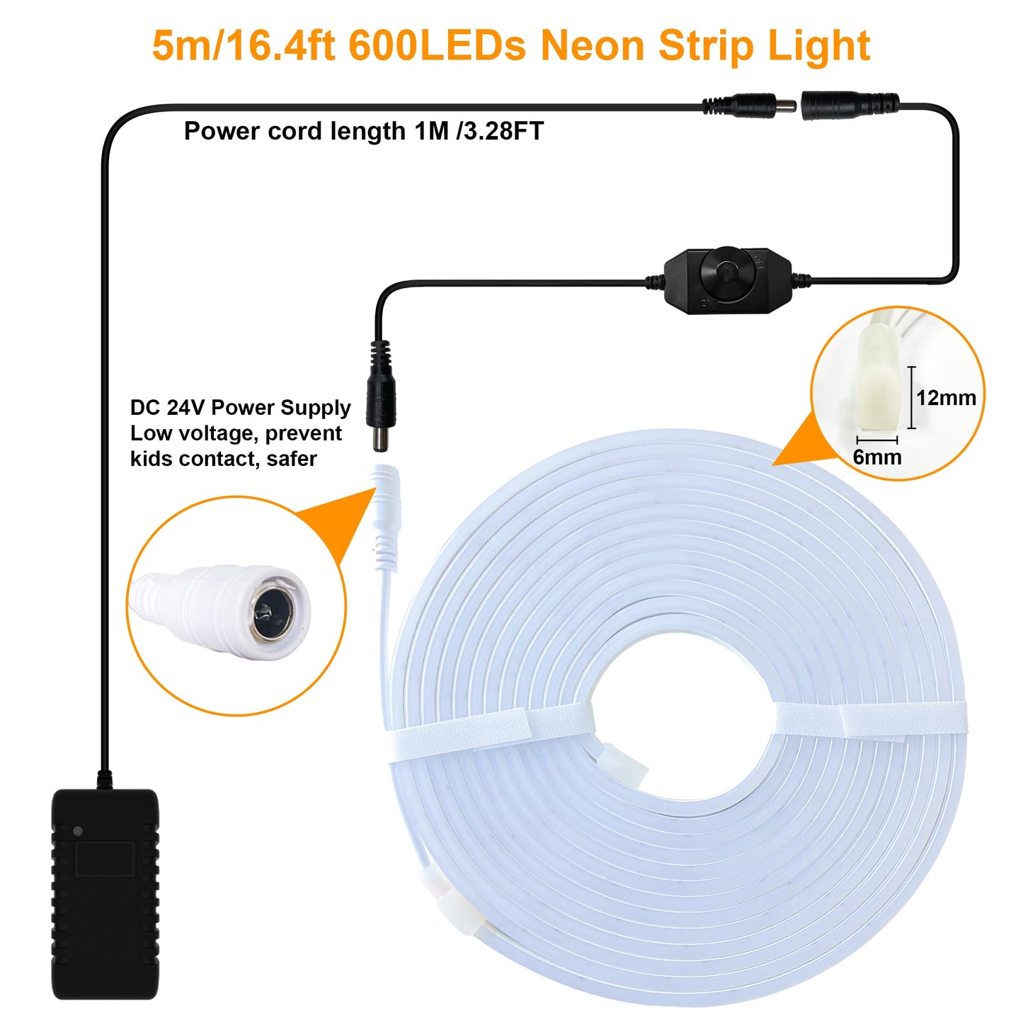 6M Neon LED Contains Removed Neon Lights Strip Adjustable Flexible Lights for Room Decoration(Cold White)