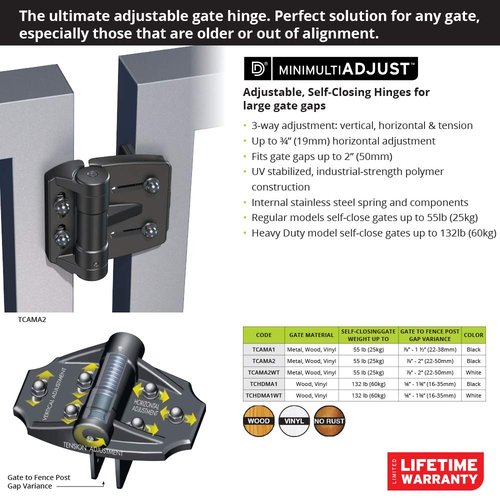 D&D Technologies TCAMA2 Multi-Adjust Regular Duty Gate Hinges, for Self Closing Metal, Wood, Vinyl Gates up to 55 Pounds, 3-Way Adjustable, Gap up to 2", Black, 2 Count