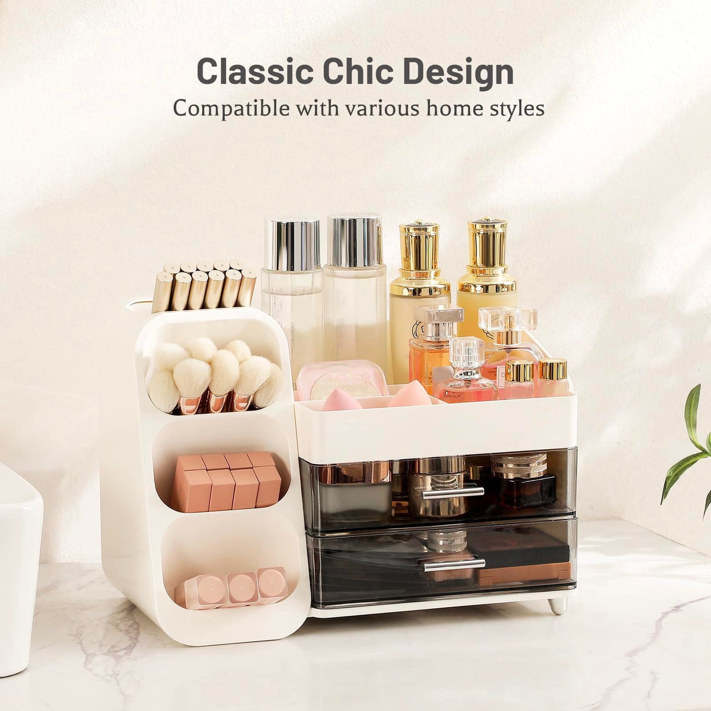 Aveniee Makeup Organizer with Drawers for Vanity, Big Cosmetic Display Case with Makeup Brush Holder, Bathroom Coutertop Organizers and Storage for Skincare Beauty Essentials (White)