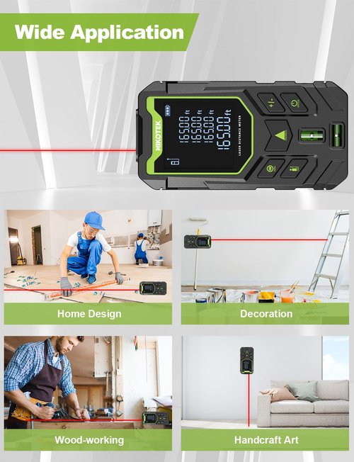 NIKOTEK Laser Measure, 165ft Laser Distance Meter with Bubble Levels and Black LCD Display for Pythagorean Mode, Measuring Distance, Area, Volume