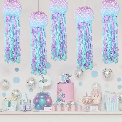 YUNXUAN Mermaid Party Decorations, Jellyfish Paper Lanterns Mermaid Scales Hanging Lantern for Mermaid Birthday Party Baby Shower Under The Sea Ocean Decorations Pack of 8