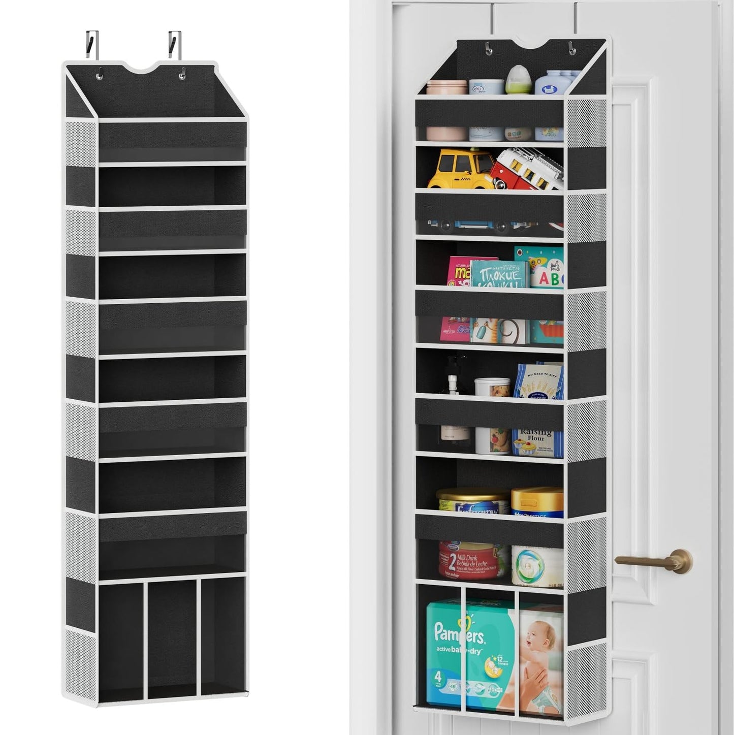 GGUO Over The Door Organizer Hanging - 6 Shelf Over Door Organizer with 6 Clear Front & 12 Side Pockets - 50LB Load Behind Storage for Closet Bedroom Bathroom Nursery Baby Essentials(Black)